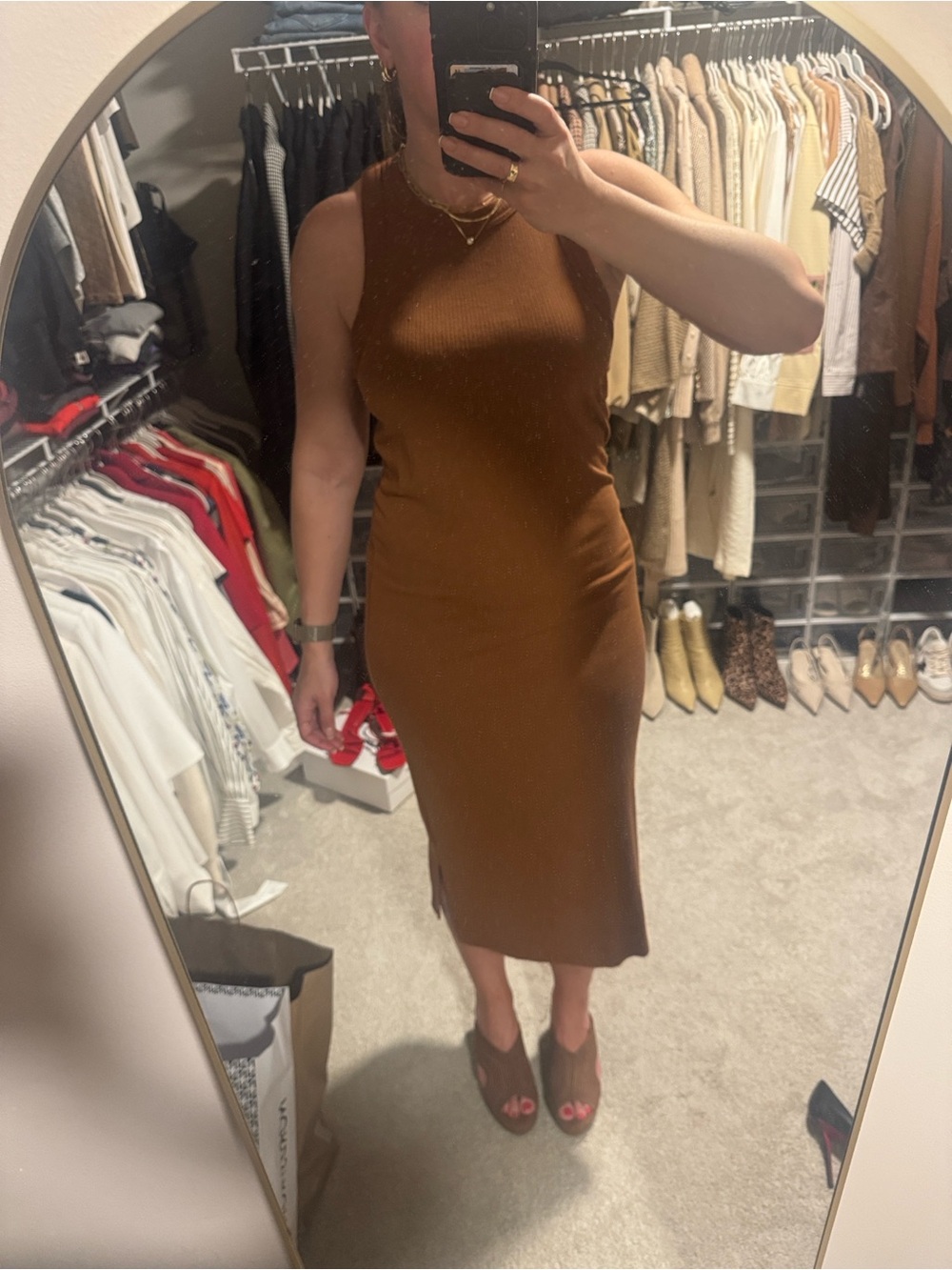 Banana Republic Sleeveless Ribbed Midi Dress in Warm Brown